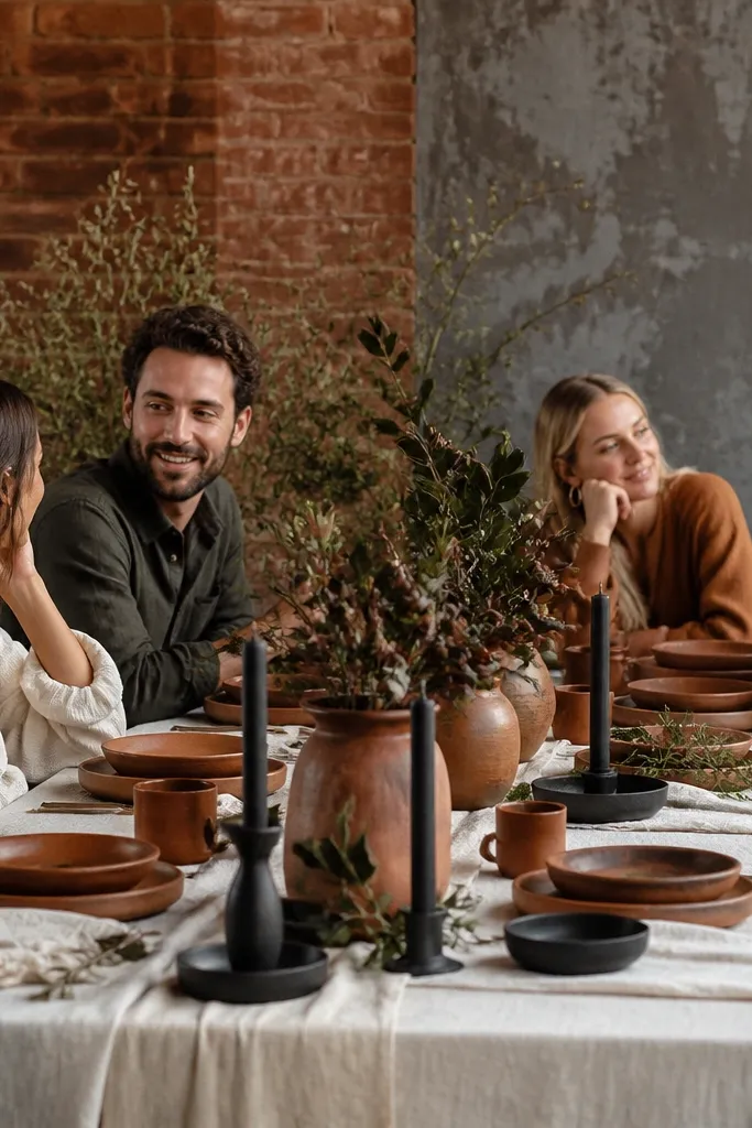 Minimalist desert ceremony installation with bleached canvas backdrops, rust-colored floral groupings, apricot ranunculus, and woven raffia fans on guest seats