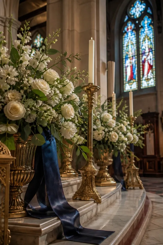 Modern museum wedding hall with camel linen-draped tables, cream silk napkins, cast bronze candleholders, and structured white floral arrangements