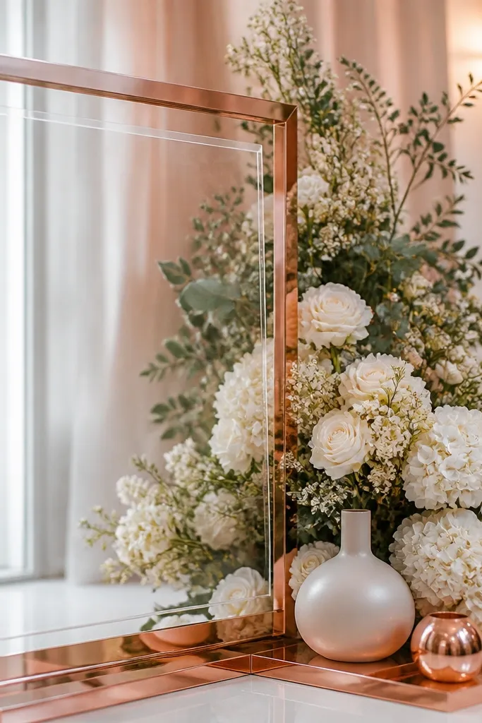 Sunlit spring courtyard tablescape with pale pistachio tablecloths, vintage milk glass vases filled with blossom pink peonies, and frosted water goblets