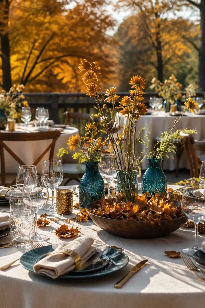 Long outdoor farm banquet table with natural jute runners, vibrant marigold centerpieces, terracotta plates, and overhead open-weave rattan lanterns