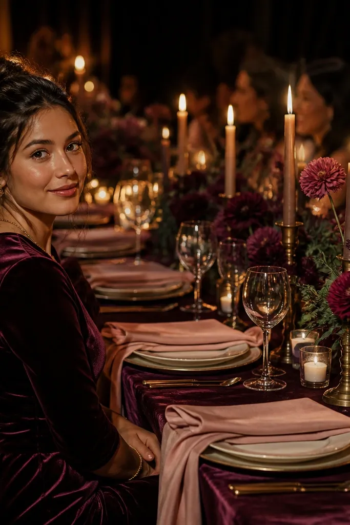 Refined barn interior with long tables dressed in deep plum linen, fresh cut figs, dusty blush dahlias, and handmade flocked paper place cards
