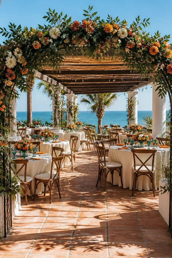 Pergola outdoor dinner with chiseled limestone table markers, muted mustard linen runners, dusty cedar wood accents, and wild olive branches under string lights