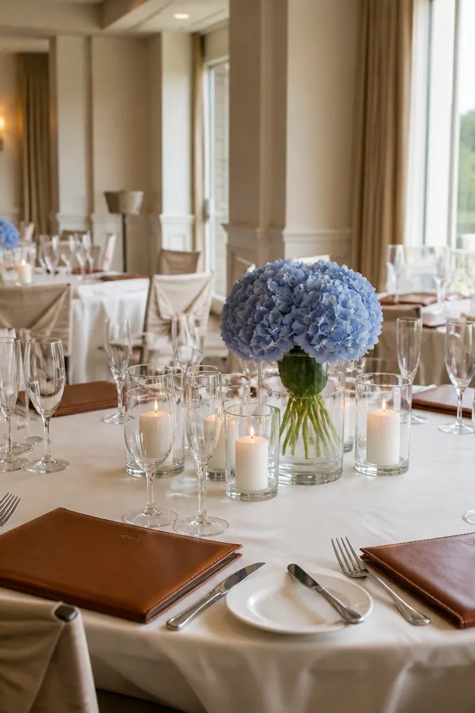 Cinnamon colored table runners with dusty blue water goblets and cream garden florals