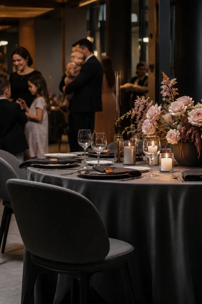 Mocha brown linens with soft blush roses and dark charcoal stoneware place settings