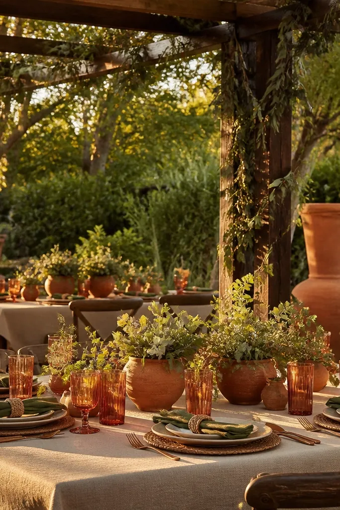 Burnt rust napkins with fresh olive branch garlands and warm linen tablecloths