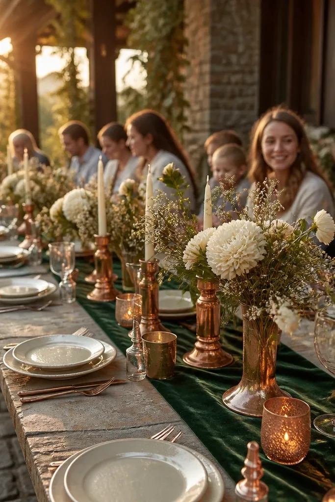 Forest green tablecloth with rich cream flower centerpieces and hammered copper chargers