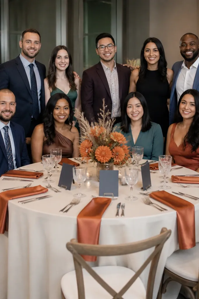 Burnt orange floral arrangements with slate gray chargers and ecru table runners