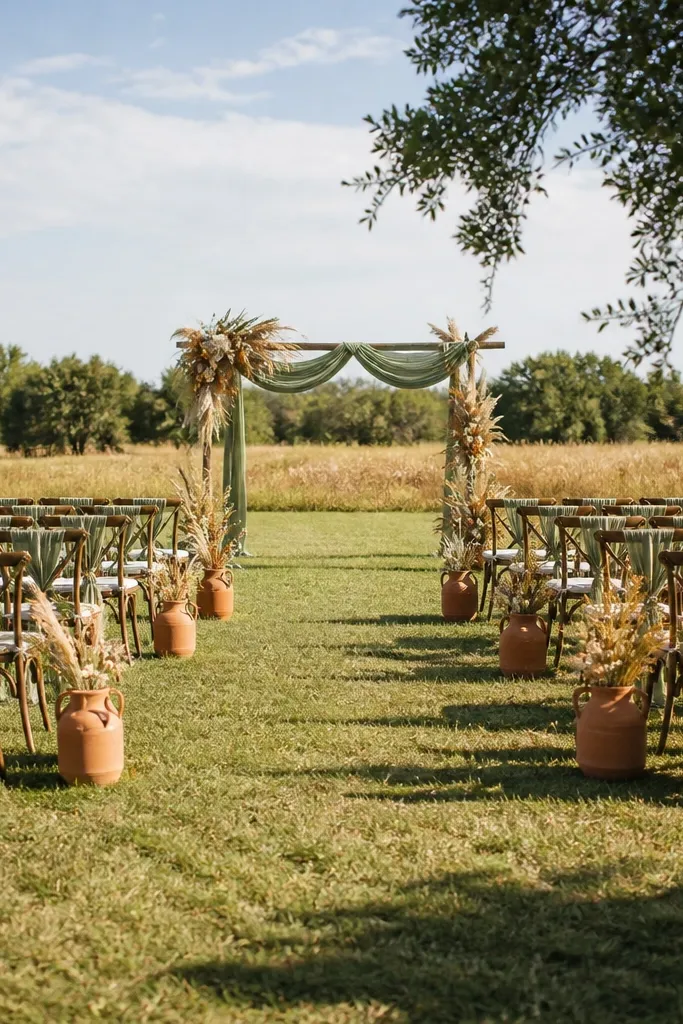 Sage green table linens with terracotta pottery and golden wheat grass centerpieces