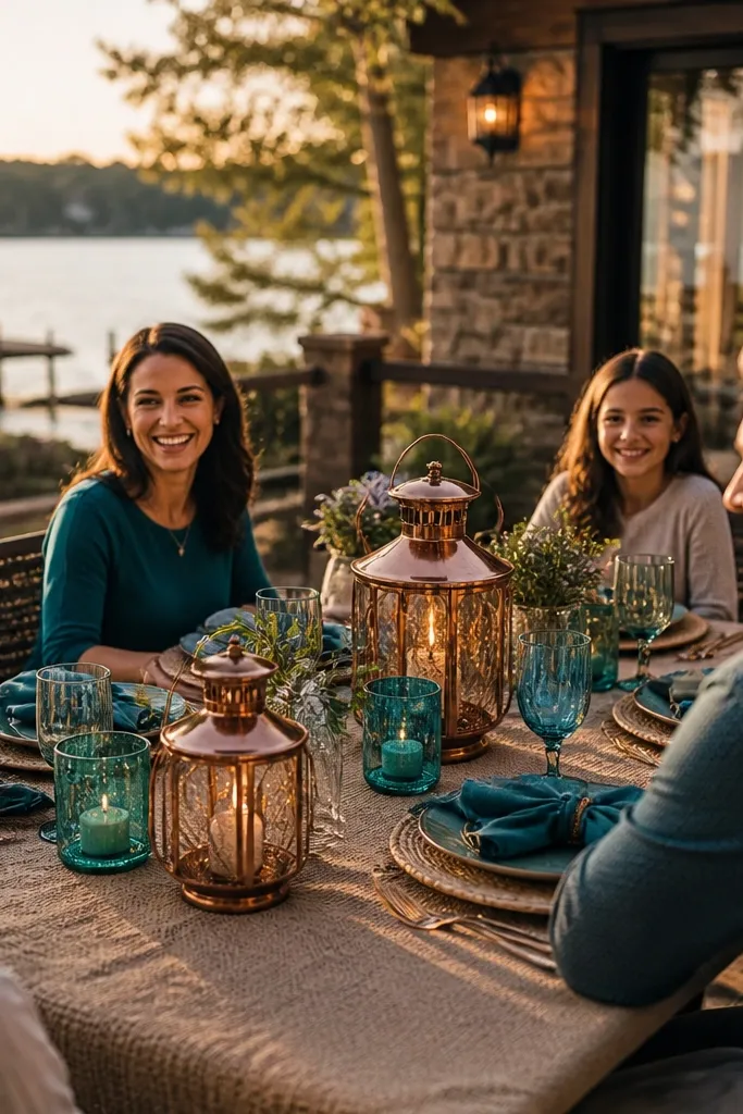 Deep teal napkins with warm sand tablecloths and hammered copper centerpieces