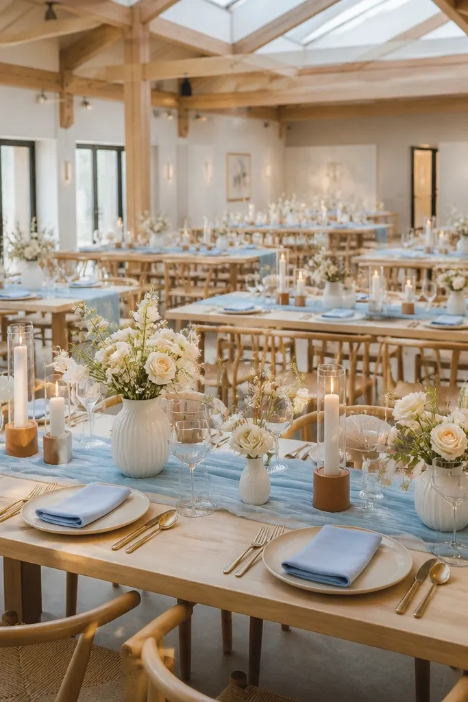 Pale French blue napkins with desert clay ceramics and buttercream floral arrangements