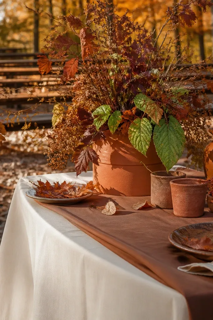 Warm ivory table settings with cocoa brown runners and burnt sienna floral centerpieces