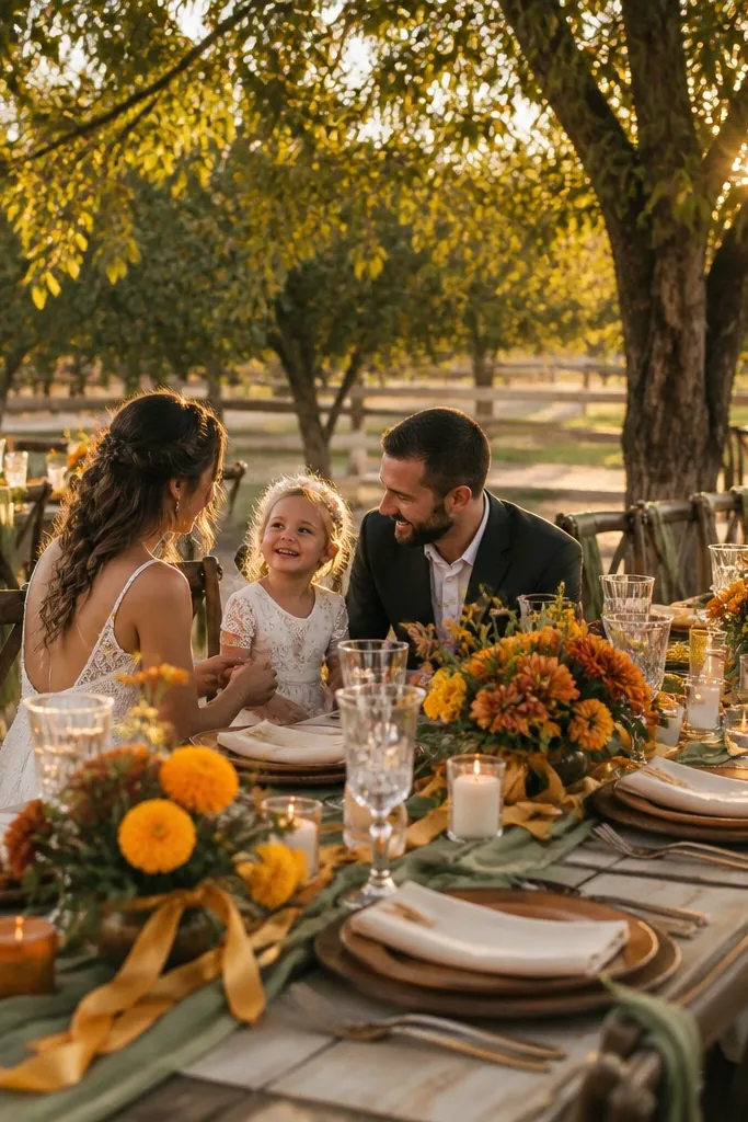 Golden marigold flowers with olive greenery garlands on a soft cream tablecloth