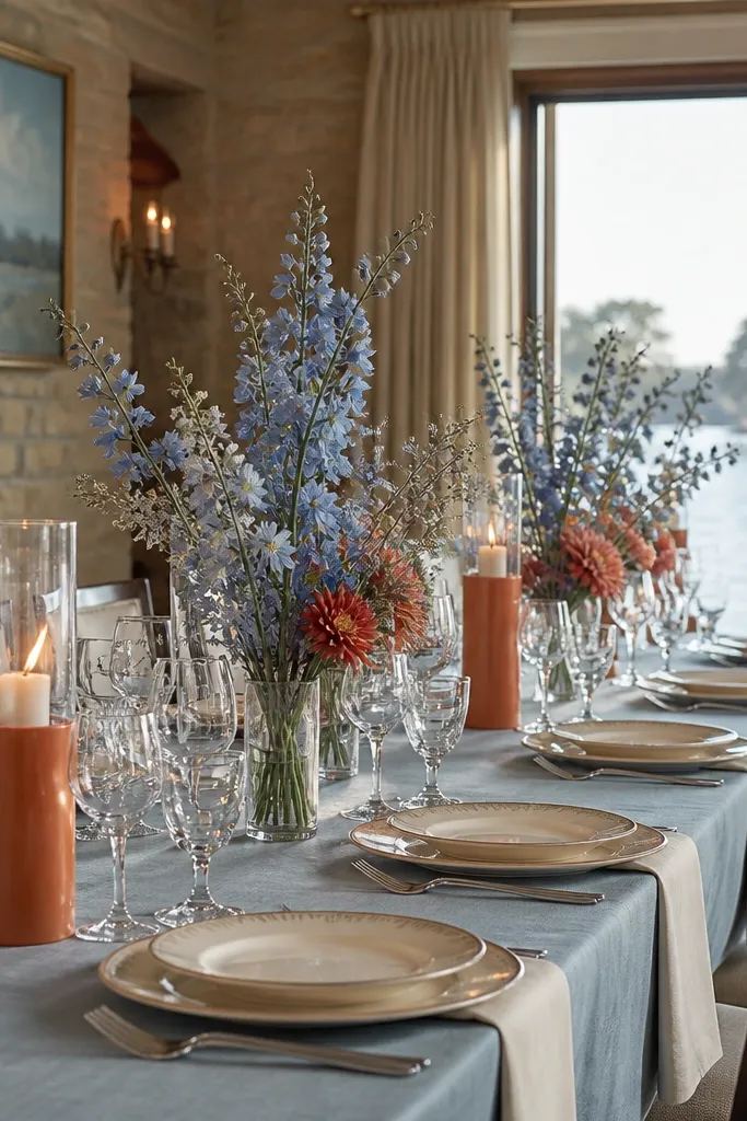 Ocean mist blue napkins with sunbaked rust centerpieces and ivory cream tablecloths