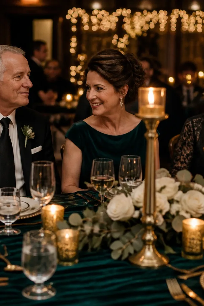Regal emerald table linens with cream floral arrangements and antique dark gold candelabras