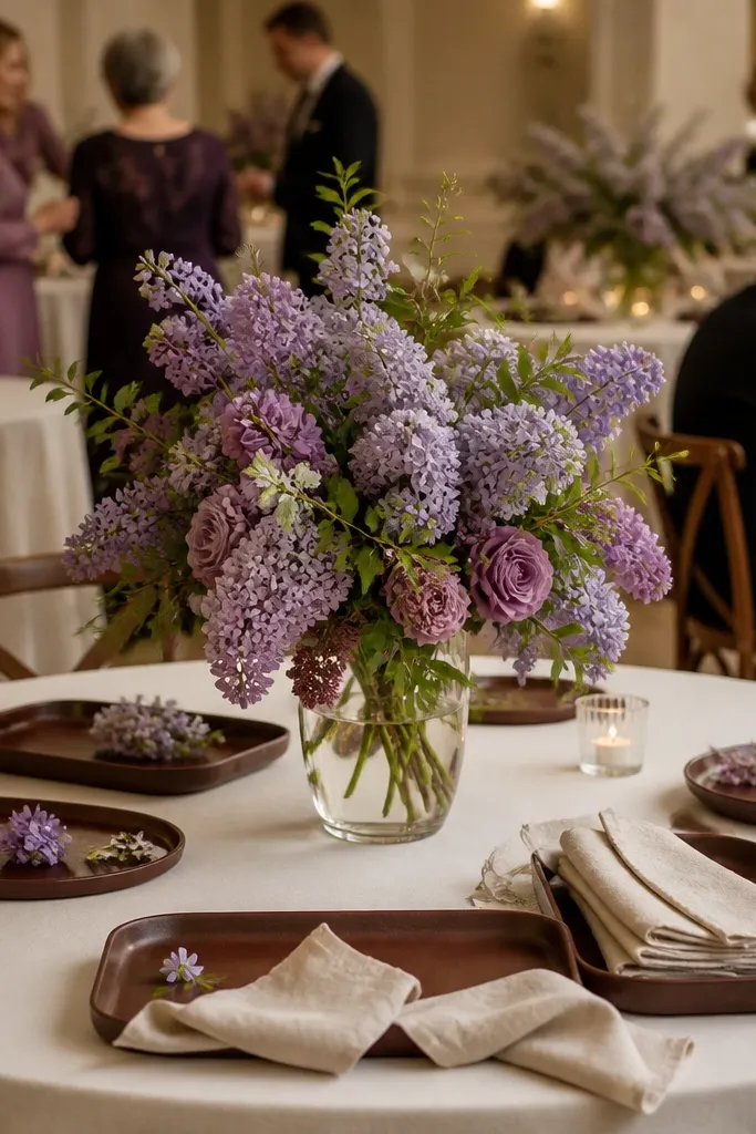Lilac mist napkins with cocoa brown runners and oatmeal table linens