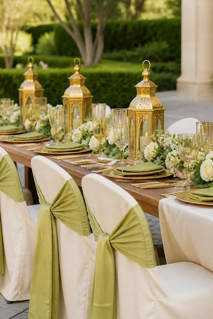 Pear green table runners with harvest honey candles and cream floral arrangements