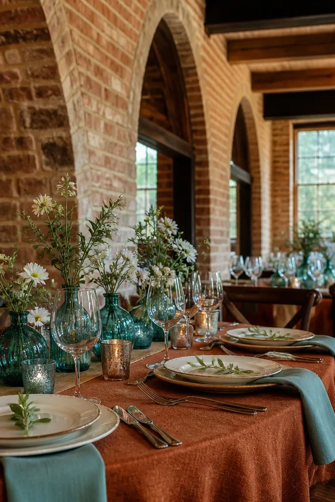Sienna brown table linens with soft teal accents and ivory floral centerpieces