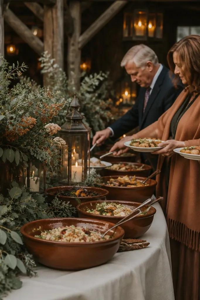 Cream table linens with burnt umber floral centerpieces and sage smoke candle accents