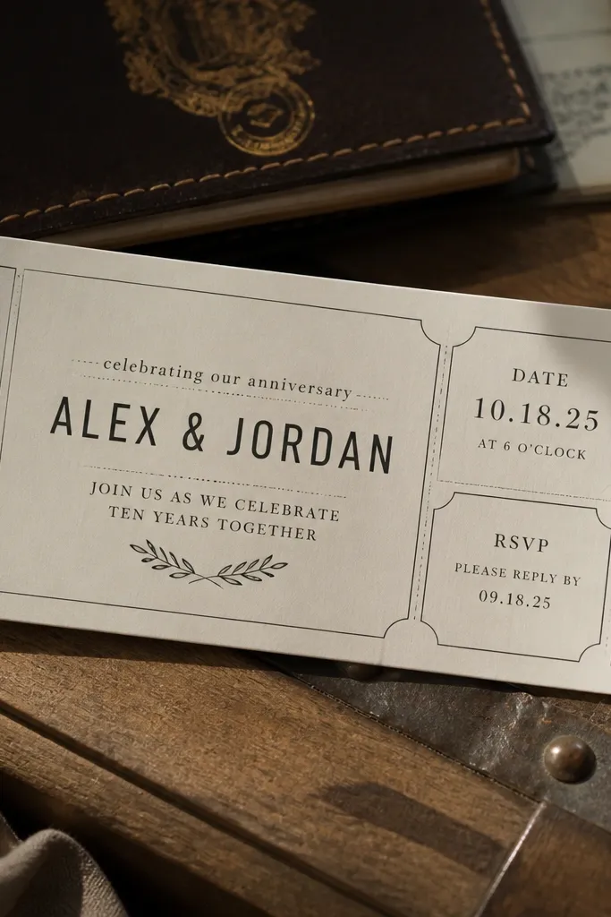 Ivory invitation styled like a vintage ticket with modern typography