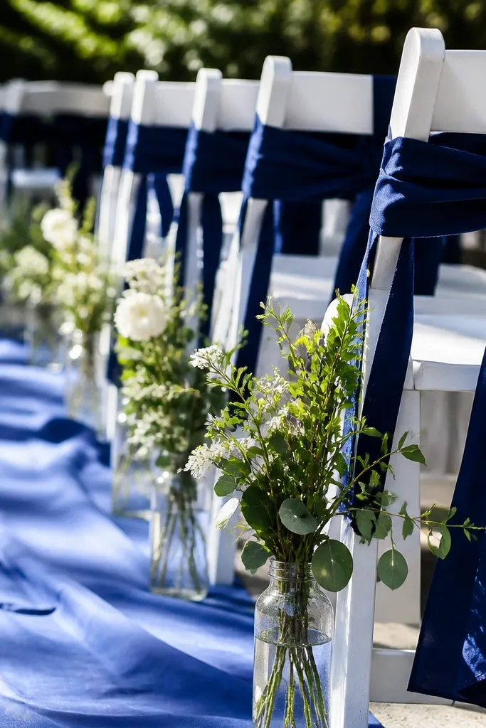 Cream table linens with cornflower blue napkins and navy candles on an outdoor summer reception table