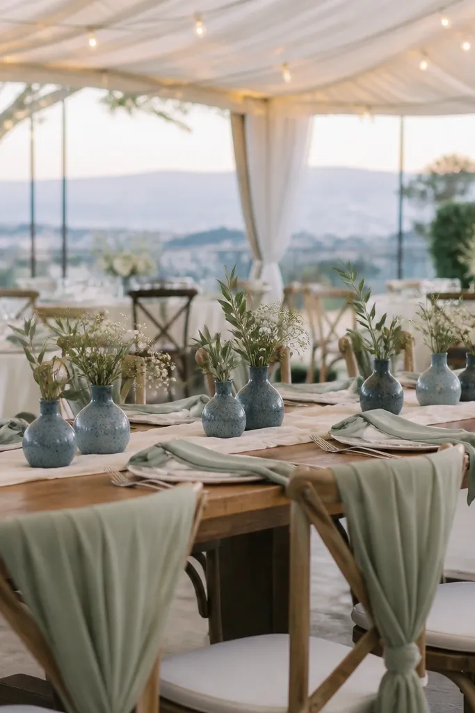 Ivory tablecloth with soft sage greenery runners and dusty blue water glasses