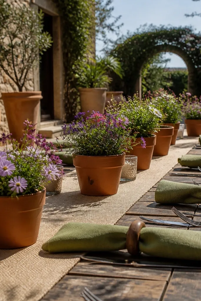 Warm sand linen tablecloth with terracotta pottery vessels and soft olive branch runners