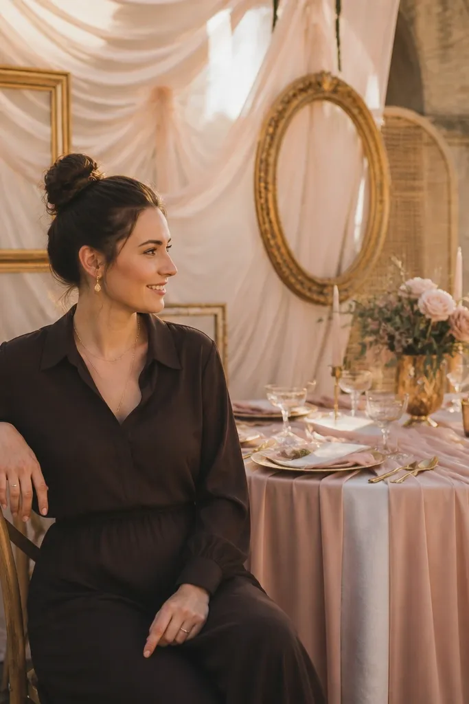 Petal blush napkins with dusty rose garden blooms and champagne gold flatware