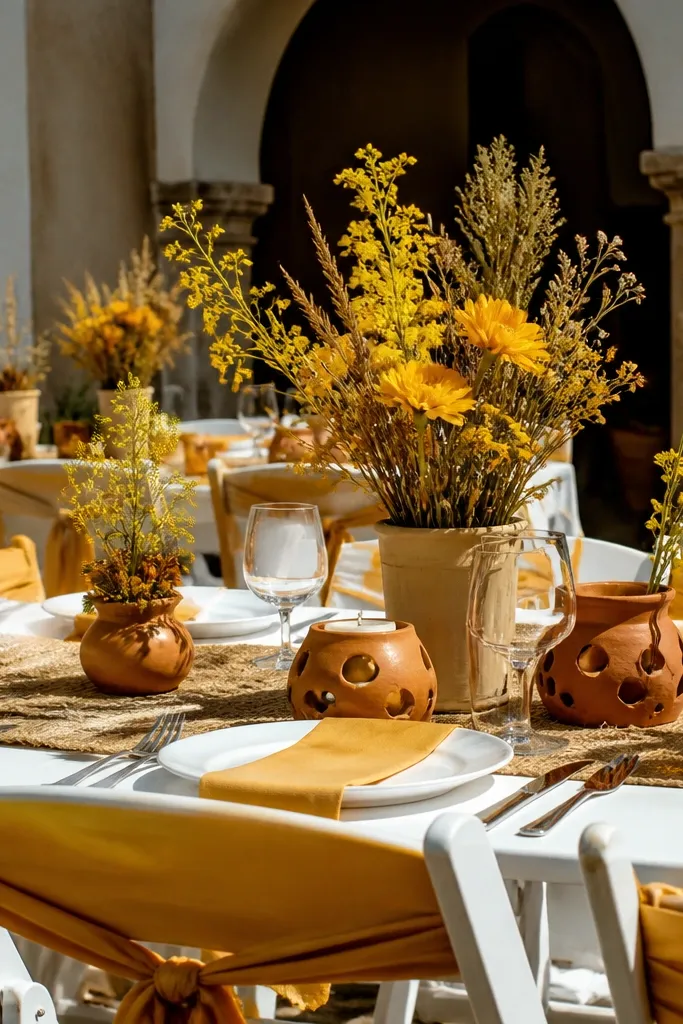 Mango yellow ranunculus with white garden roses and terracotta brown ceramic pots