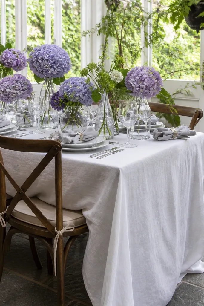 Summer lilac florals with crisp white linens and soft slate gray dinner plates