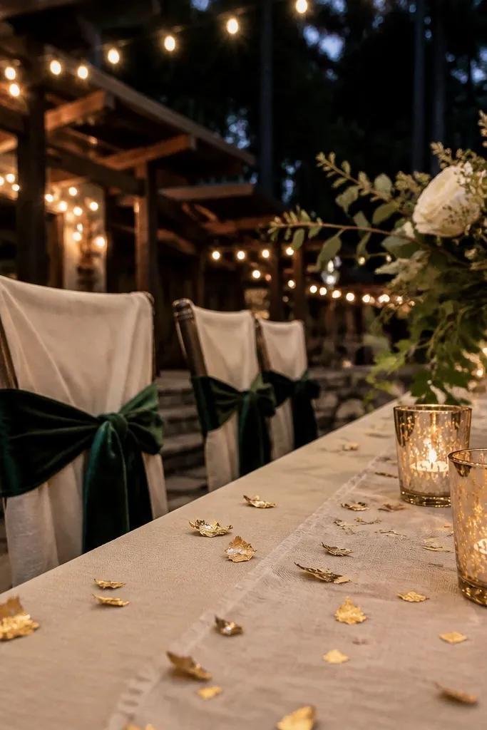 Forest green tablecloth with rich cream floral compotes and gold leaf place cards