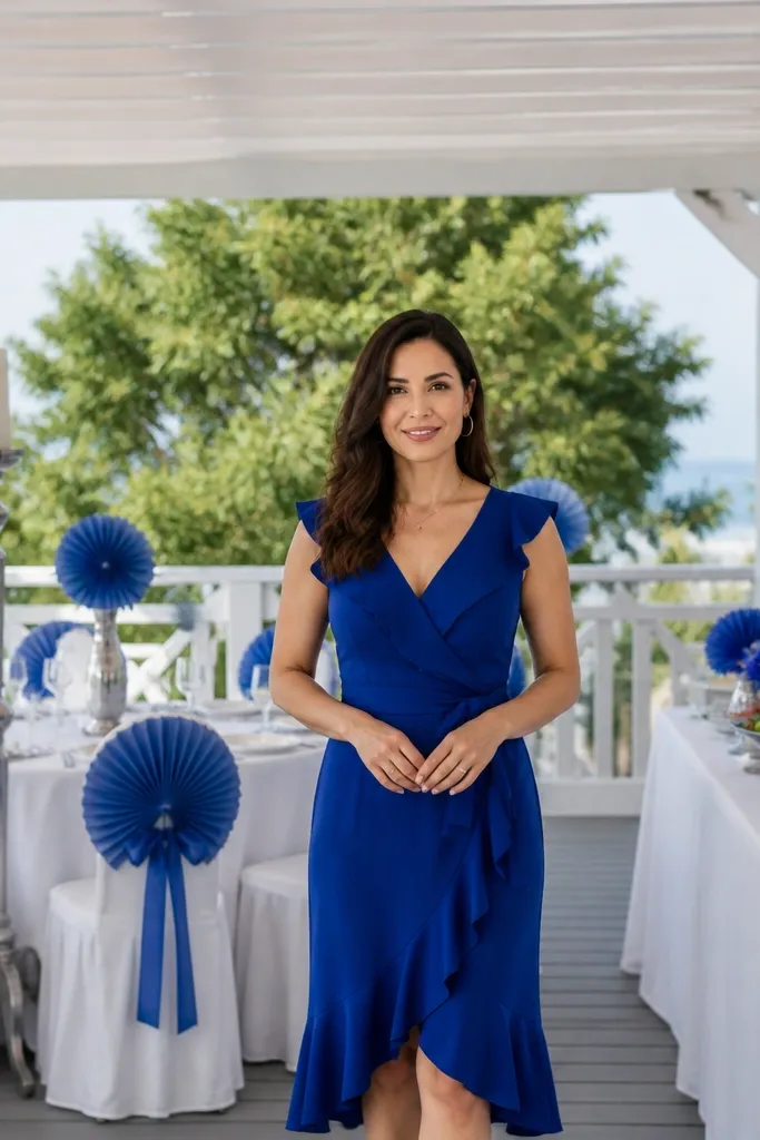 French royal blue napkins with crisp white porcelain plates and brushed silver cutlery