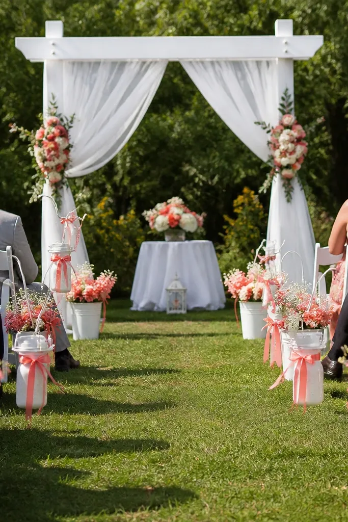 Coral pink garden roses with soft blush ranunculus on pure white table settings