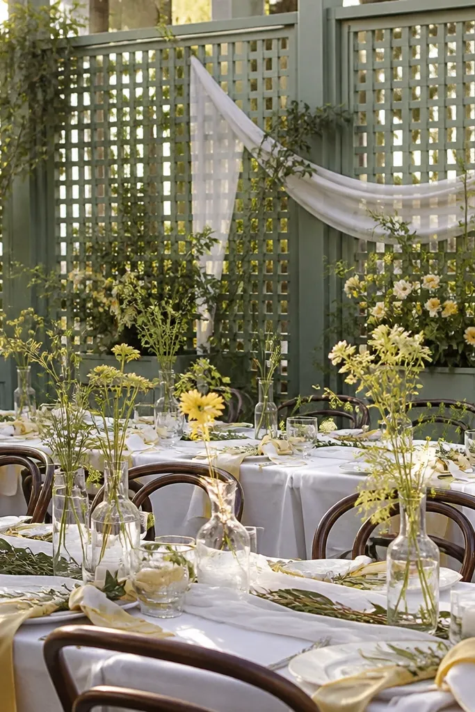 Clean white linens with silvery sage greenery and soft butter yellow garden flowers