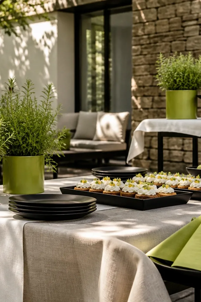 Modern black table foundations with cream linens and zesty lime green botanical centerpieces