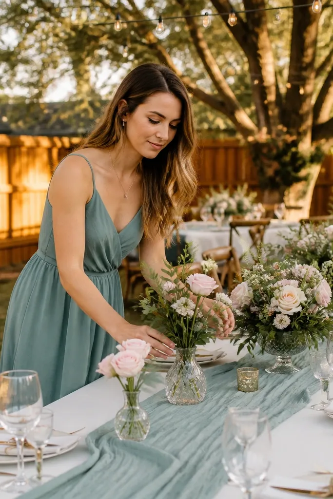 Dusty teal napkins with tender blush floral centerpieces and warm ivory tablecloths