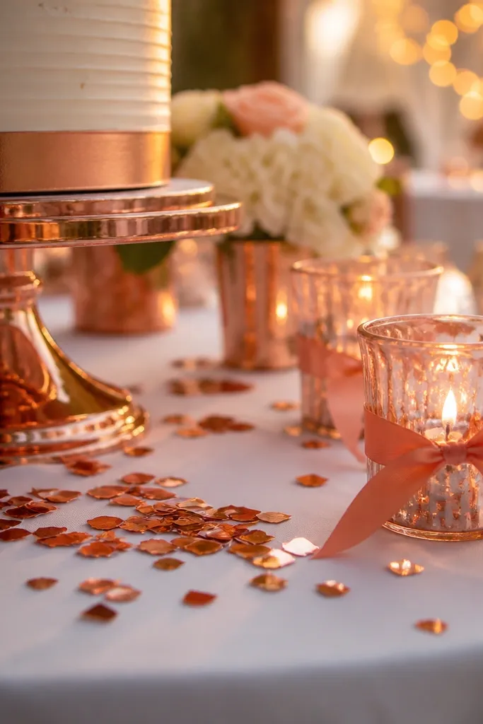 Rose gold candle holders with crisp white tablecloths and sunset coral floral accents