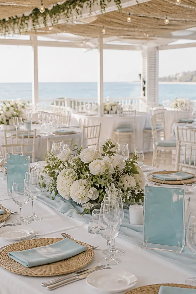 Caribbean aqua table runners with pure white floral arrangements and pale sand textured tablecloths