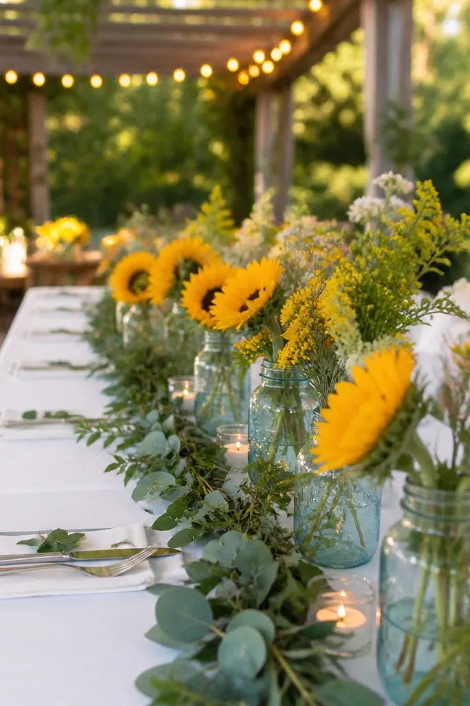 Sunflower yellow blooms with white garden roses and deep teal-sprayed foliage centerpieces