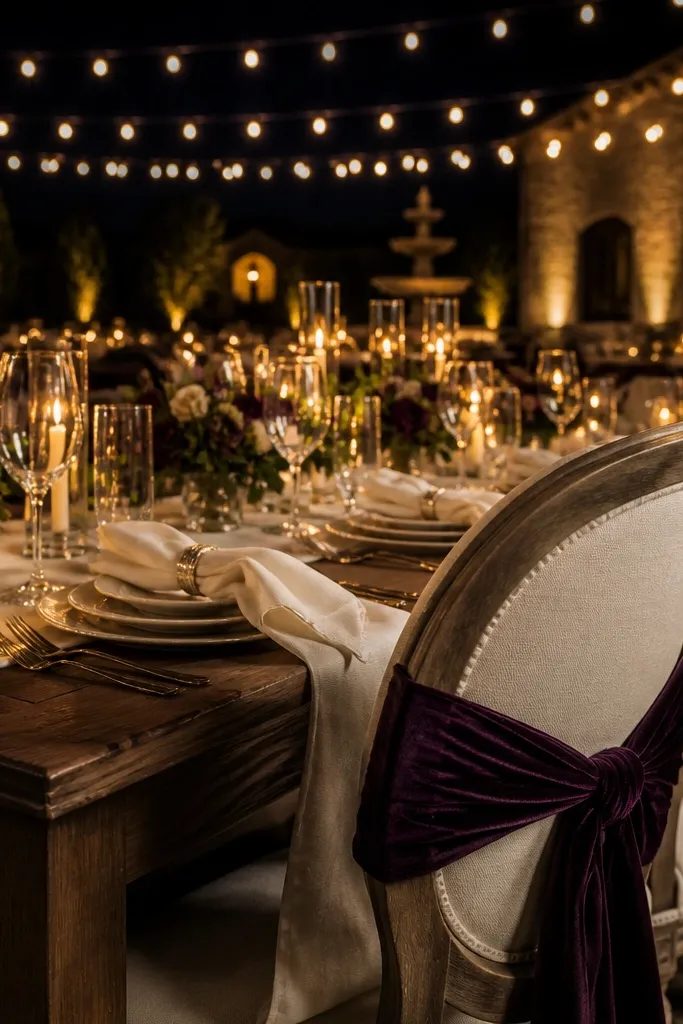 Summer plum velvet napkins with cream tablecloths and dusty gold candlesticks