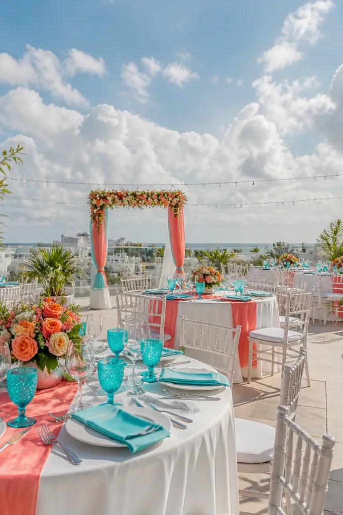 Tropical coral floral centerpieces with island turquoise napkins and white table linens