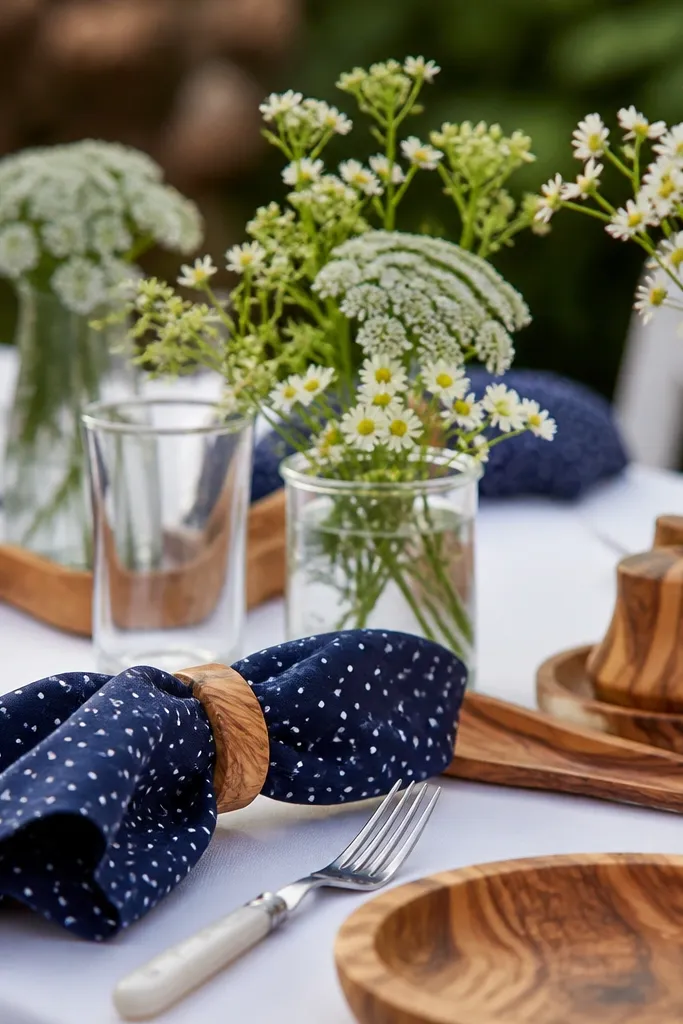 White linen tablecloths with fresh Mediterranean olive branches and navy patterned accents