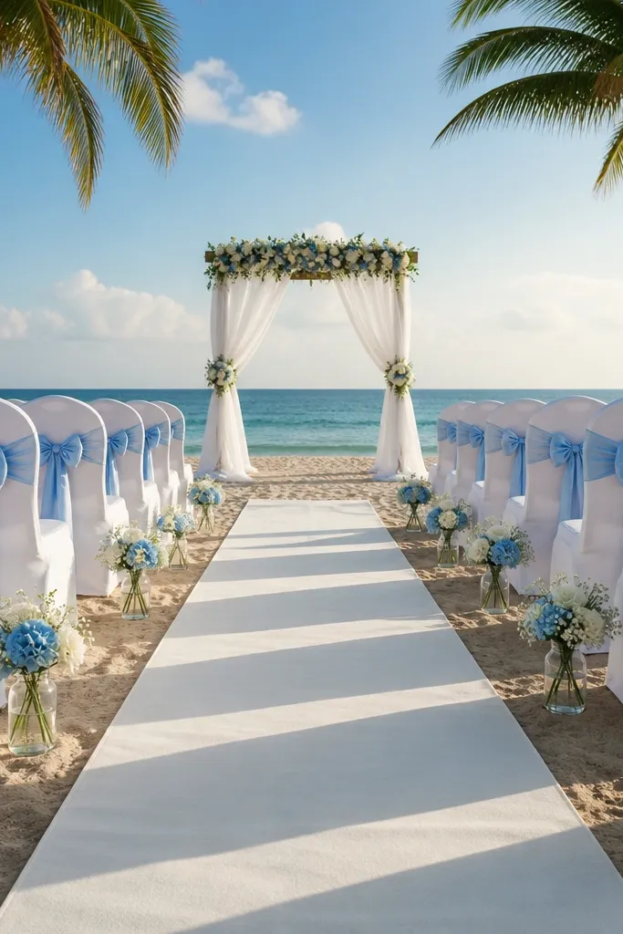 Sky blue table runners with crisp white linens and pale coral floral centerpieces