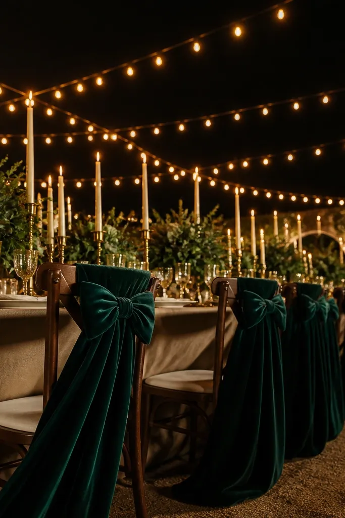 Champagne table linens with deep emerald greenery runners and emerald velvet ribbons