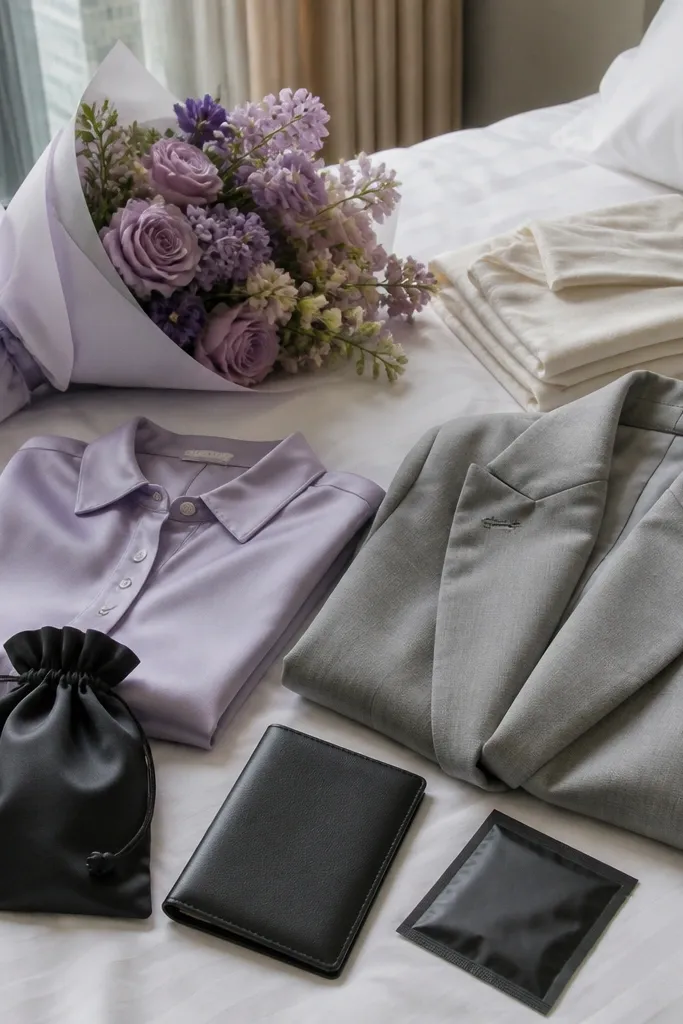 Lilac mist floral centerpieces with dove gray napkins and black tea garden roses