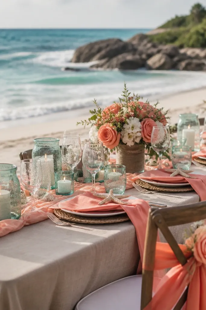 Soft coral flowers with sea glass green bottles and warm sand textured table runners