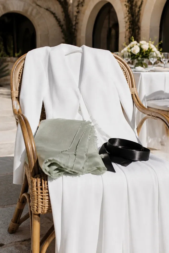 Classic white floral arrangements with soft sage greenery and black velvet ribbon accents