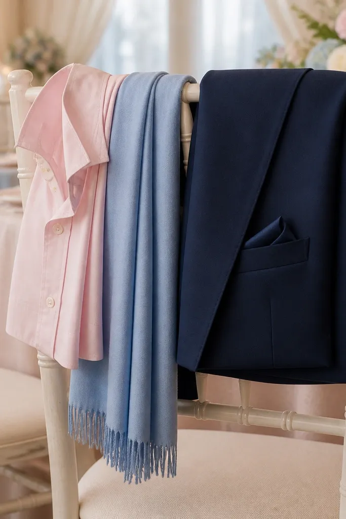 Pale petal pink flowers with powder blue runners and midnight navy wedding suits