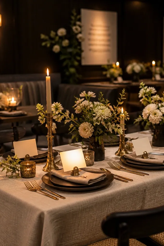 Espresso brown velvet runners with warm ivory taper candles and brushed brass cutlery