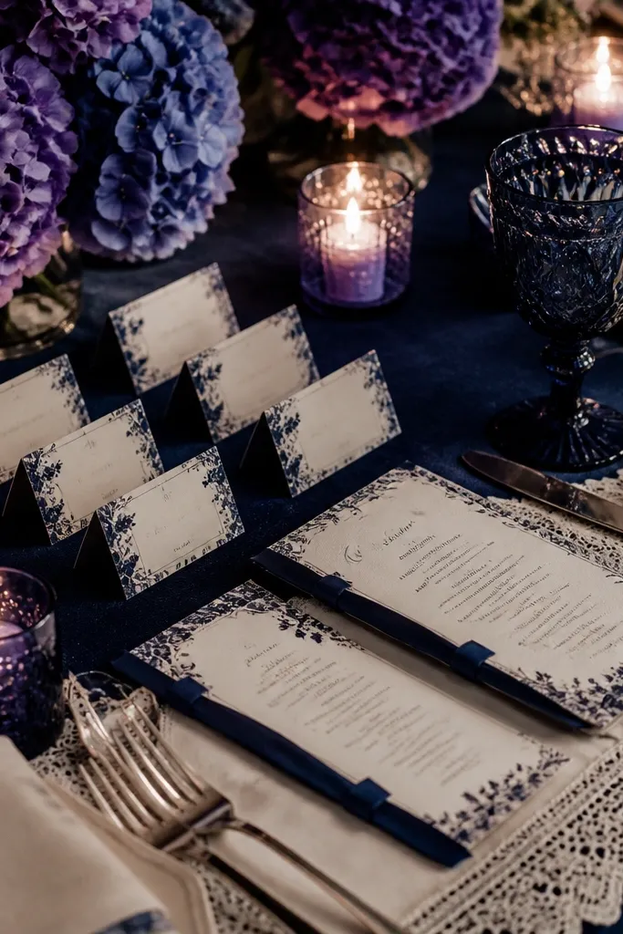 Midnight ink navy table linens with delicate cream lace runners and ivory garden roses