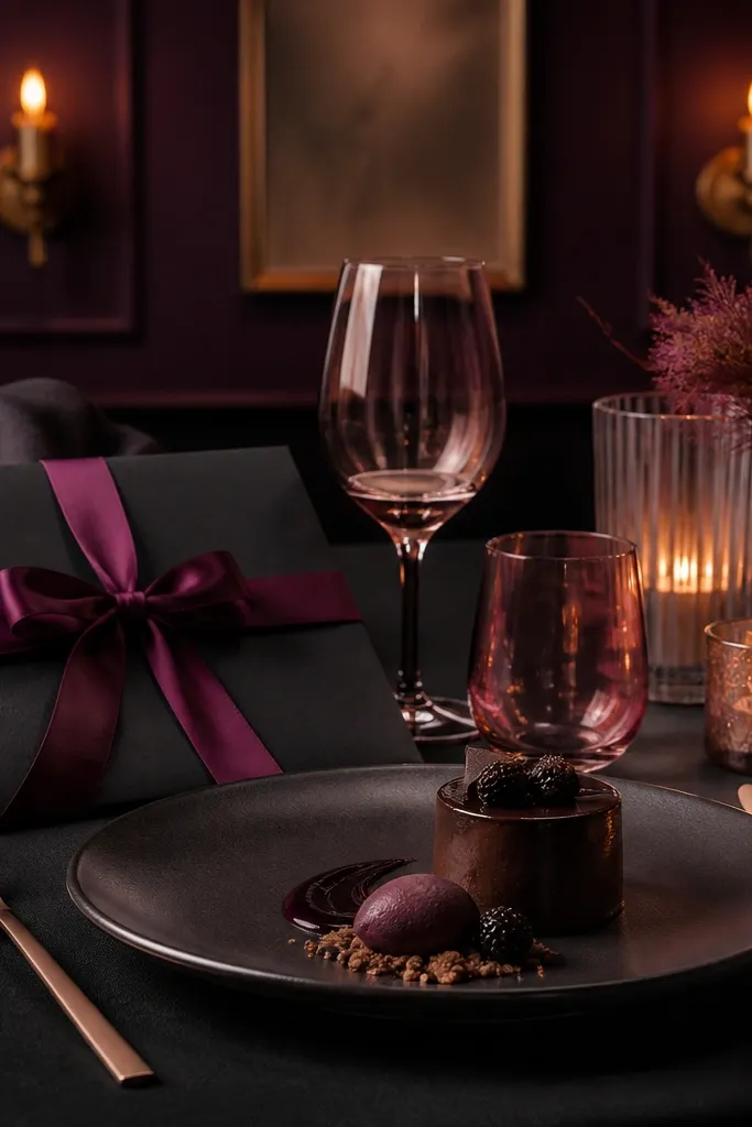 Deep plum table decor with charcoal gray stoneware and muted rose gold accents